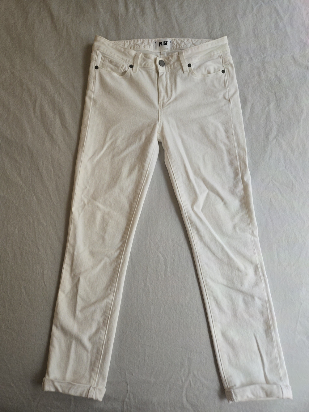 PAIGE Skyline Crop Optic White Cotton Stretch Denim Jeans Rolled Hem CW3 - Picture 2 of 12